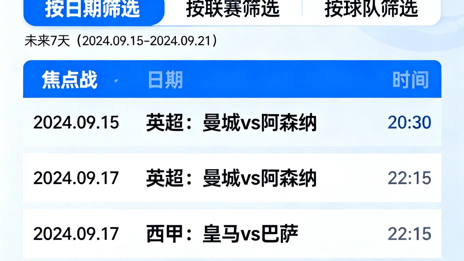 第一足球网赛程日历功能，可按日期、联赛和球队筛选比赛预告，展示未来7天焦点战